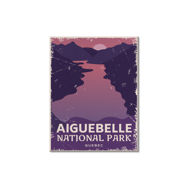 a poster of a river with mountains in the background