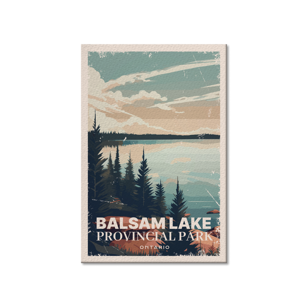 a poster of a lake surrounded by trees