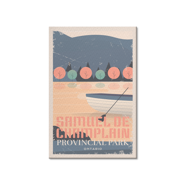 a poster of a boat on a beach