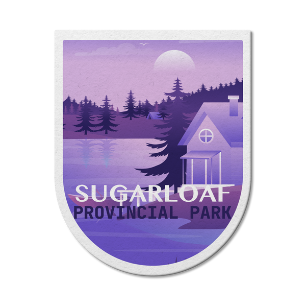 a purple and white sign that says sugarloaf provincial park