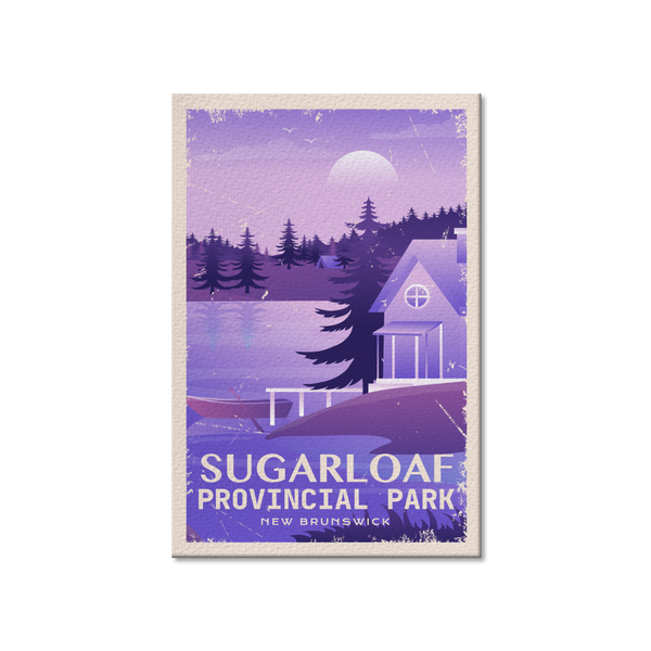 a purple poster with a boat in the water