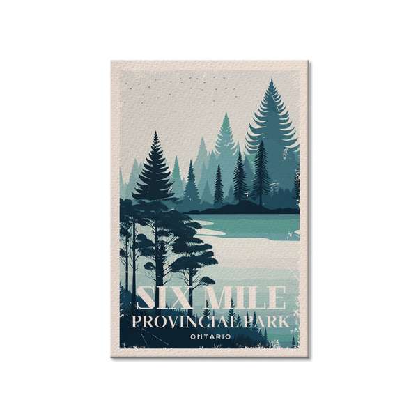 a poster of a lake surrounded by trees