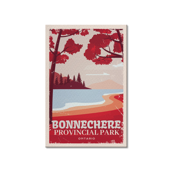 a poster of a lake with trees and mountains in the background